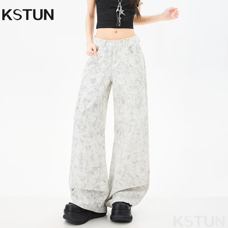 

KSTUN Womens Wide Leg Jeans Loose Fit Baggy Pants Digital Printing White Tie-dye Design Female Long Trousers Trendy Jeans