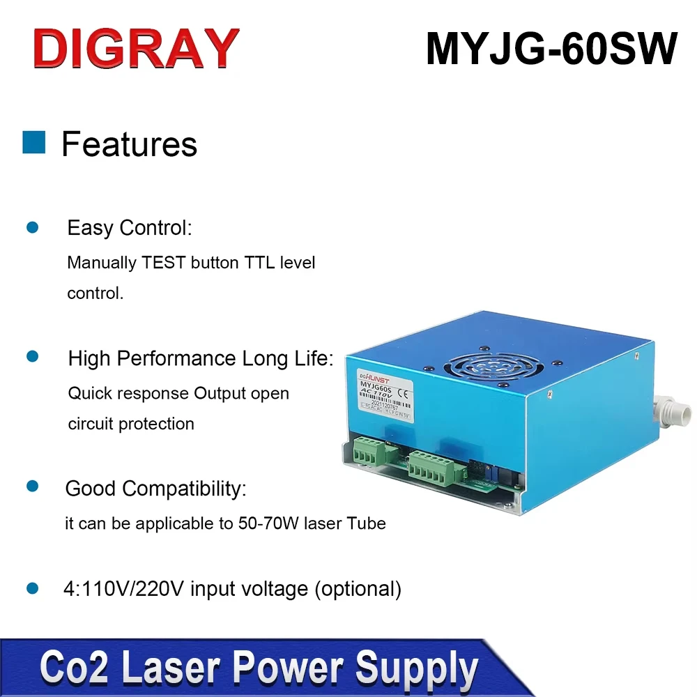 DIGRAY MYJG-60W CO2 レーザー電源 110V/220V オプション、50W 60W 切断および彫刻機ガラス管に適しています