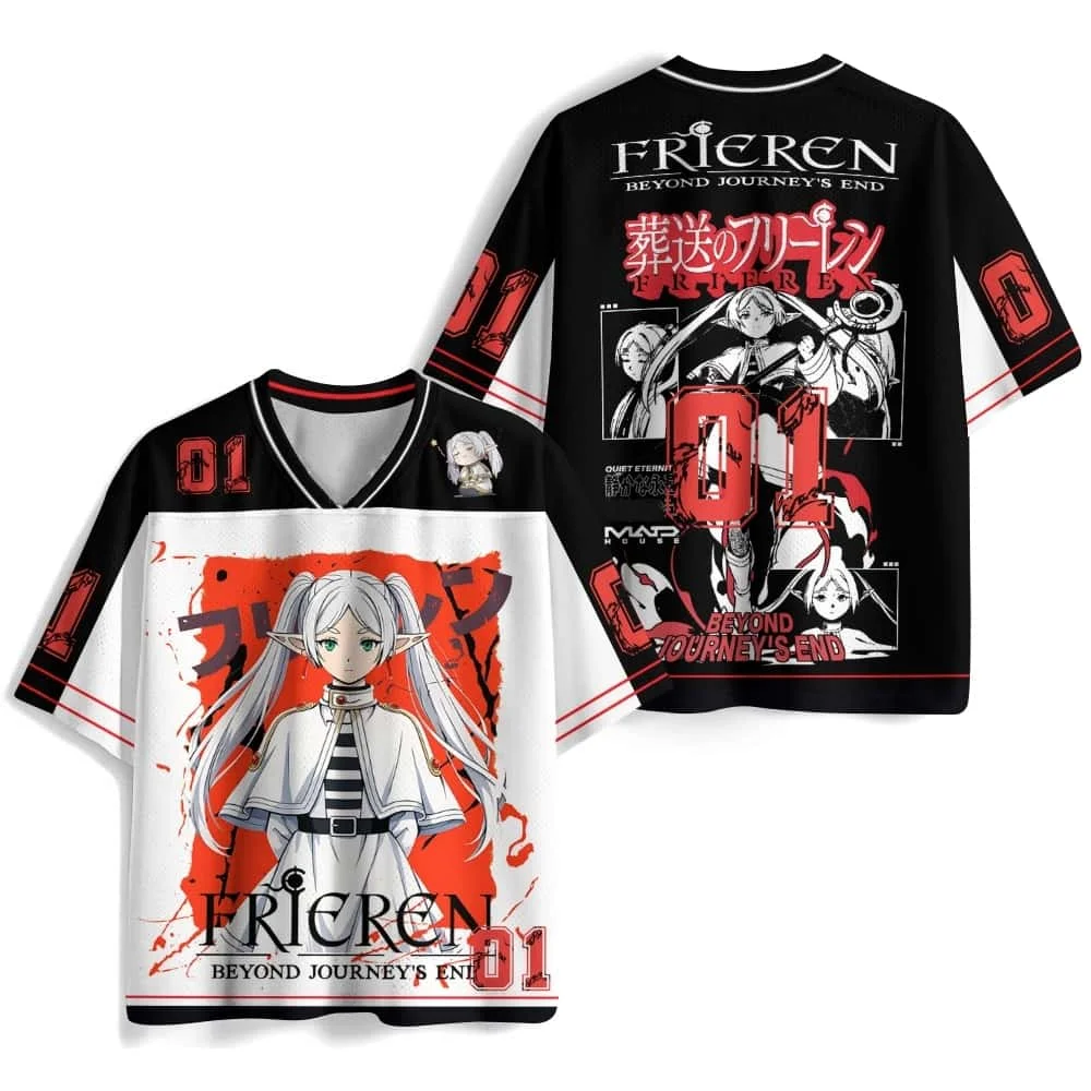 Neues Anime 2D Frieren V-Ausschnitt Kurzarm-T-Shirt Sousou No Frieren Merchandise Lässiges Sport-T-Shirt mit doppelseitigem Druck in Übergröße