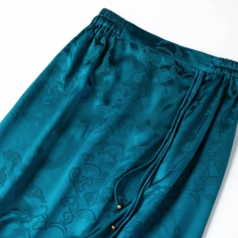 Birdtree, 40MM 100% Silk Skirt, Elastic Waist, Chinese Style, Women Jacquard Satin Side Slit Skirts, 2026 Summer New D67103JF
