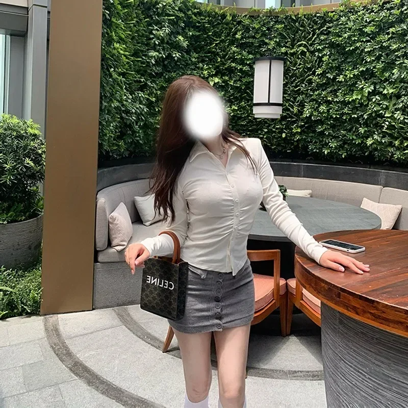 

Sexy Shirts Skinny Grey Y2k Long Sleeve Pleated Tops Elegant Chic Korean Fashion Streetwear Office Ladies Blouses Chic Tunics