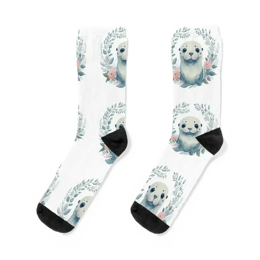 

Cute little seal in a floral wreath - pastel watercolor portrait. Socks retro christmas stocking funny gift Man Socks Women's