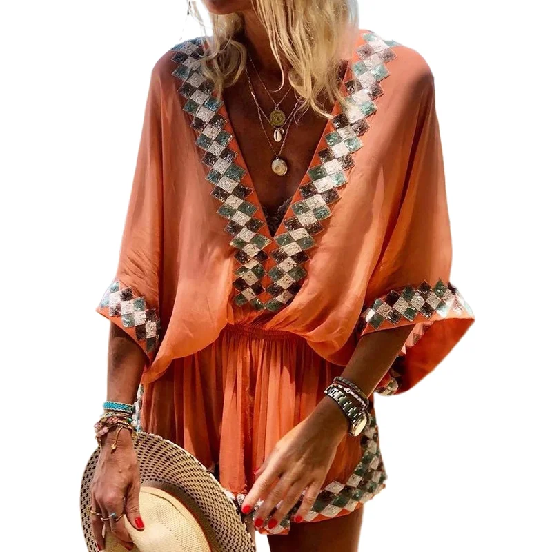 

Sexy V Neck Bohemian Print Jumpsuit Office Lady Summer Casual Short Wide Leg Jumpsuits For Women 2023 Colorful One Piece Rompers