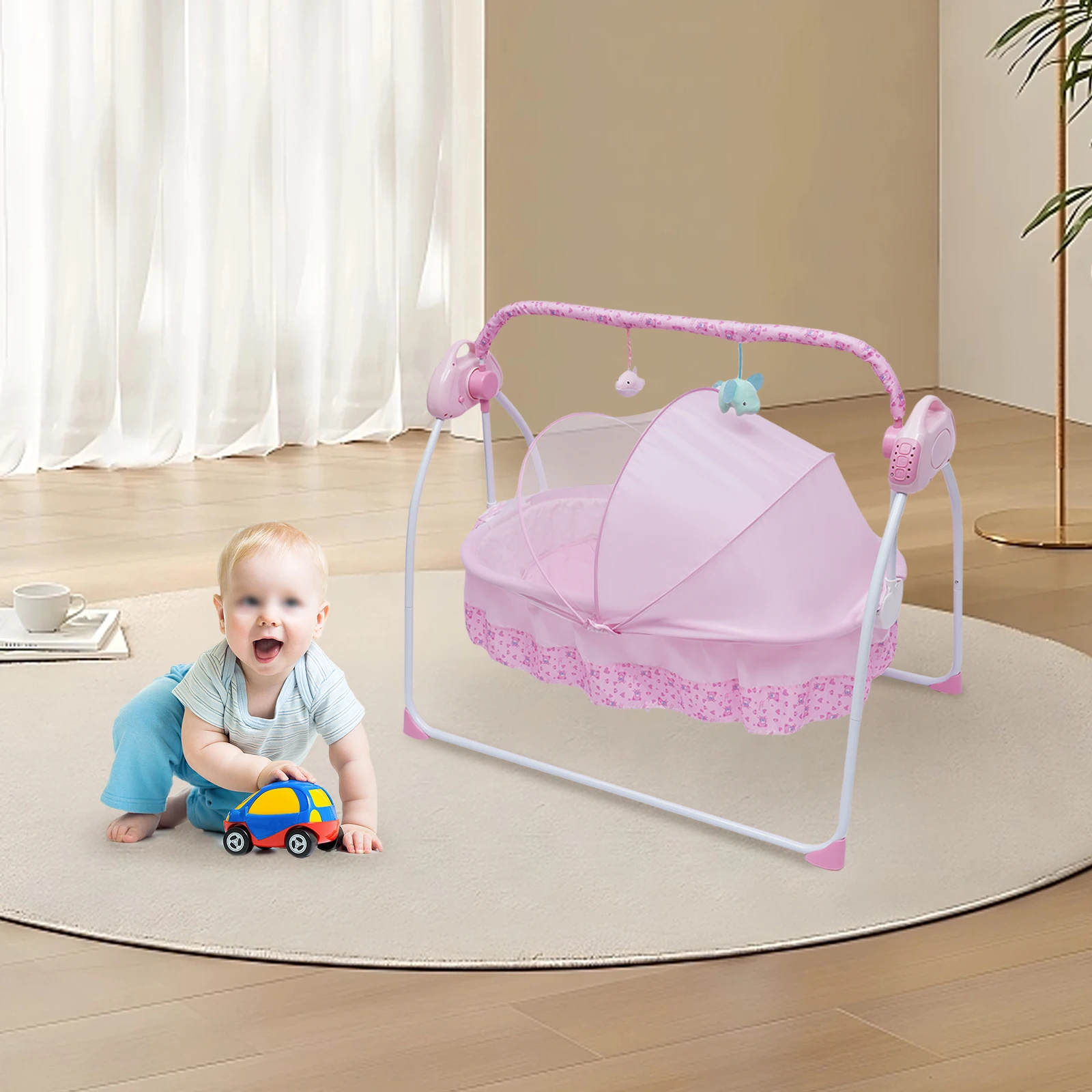 Baby swing with 12 built-in songs, Bluetooth & USB connection, 5 adjustable swing speeds, foldable design, tool-free setup,