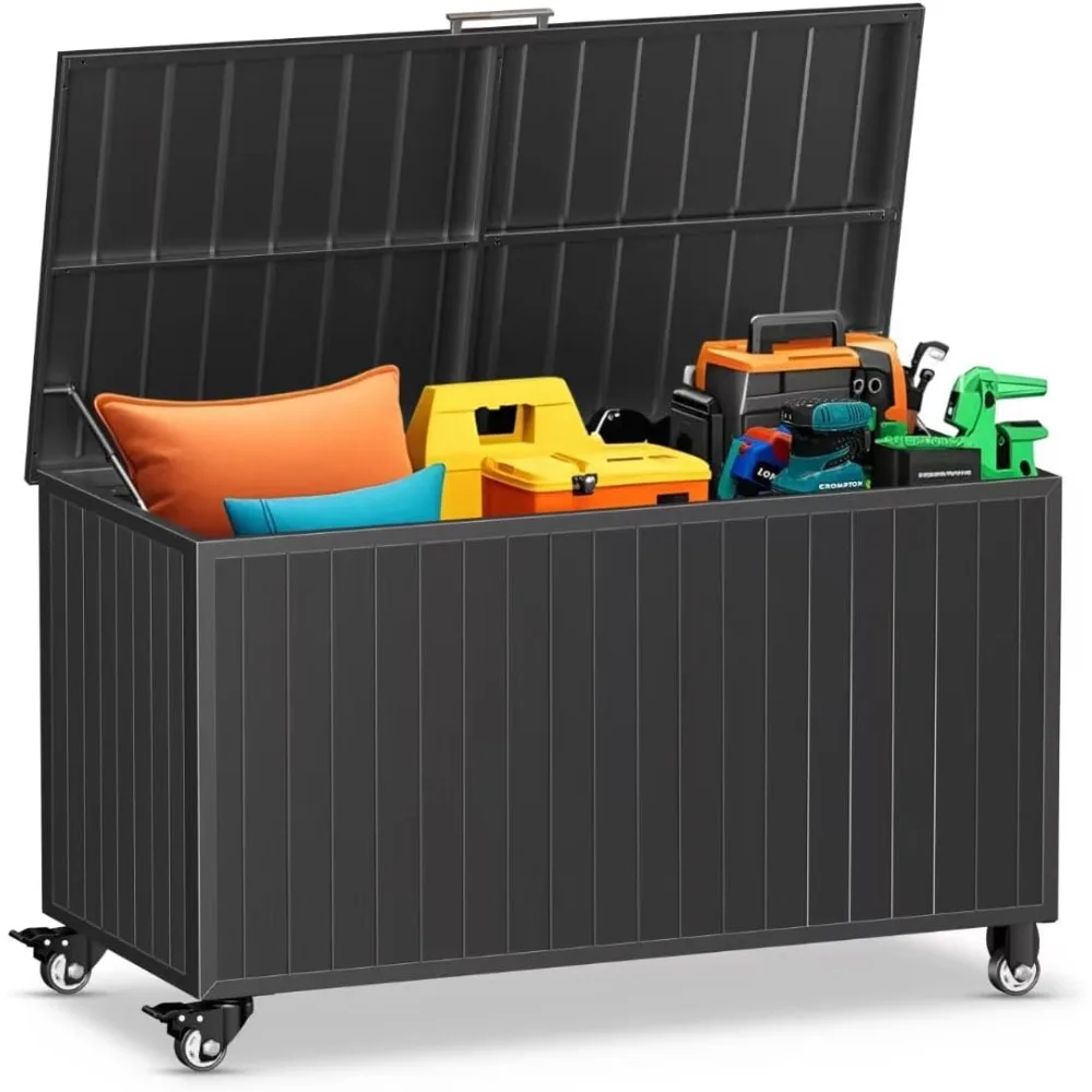 

Outdoor storage box with wheels, 150 gallons, metal deck box waterproof, UV resistant terrace storage box, with lid