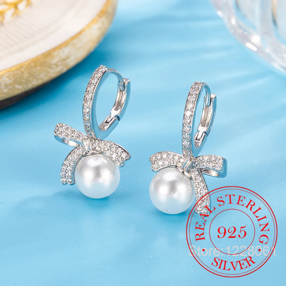 

925 Sterling Silver Crystal Bowknot Pearl Hoop Earrings For Woman Christmas Gift Piercing Jewelry Aretes De Mujer Party Gifts
