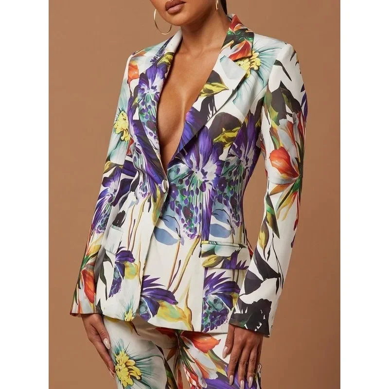 Modigirl Women Blazer Jacket 2025 Spring Summer Long Sleeves Colorful Floral Printed Split-Joint Suit Outerwear Womans Clothing