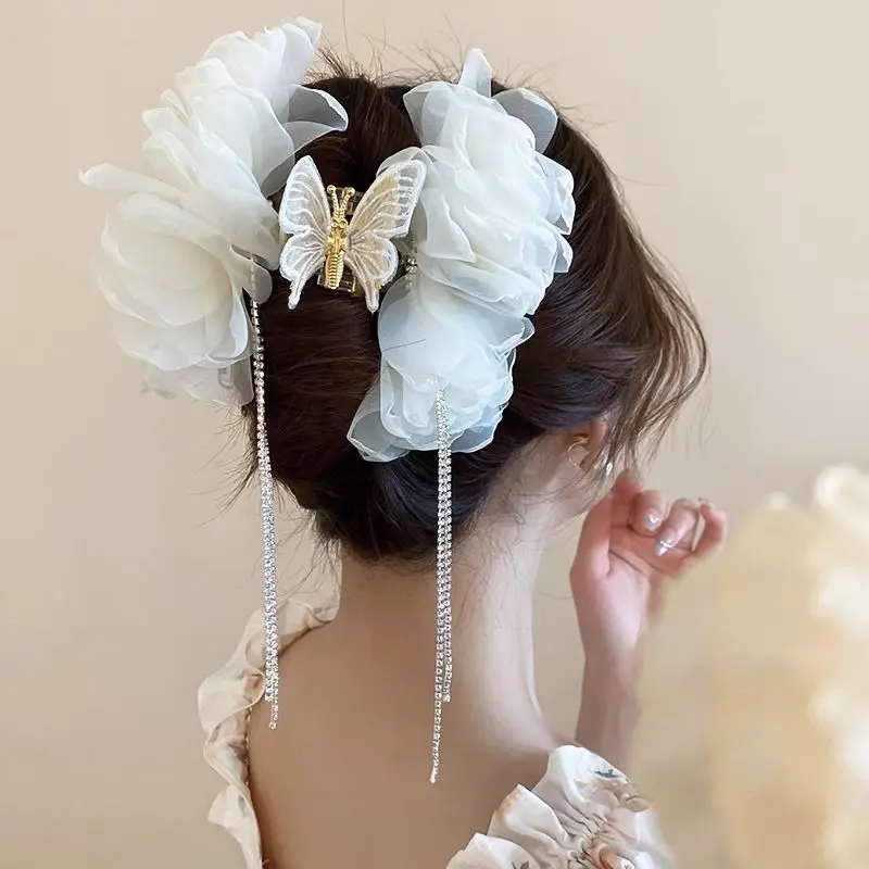 زهور الشاش الوردي وأحجار الراين والفراشة الطويلة ومخالب شعر القرش للنساء وإكسسوارات عصرية رائعة للغاية #4