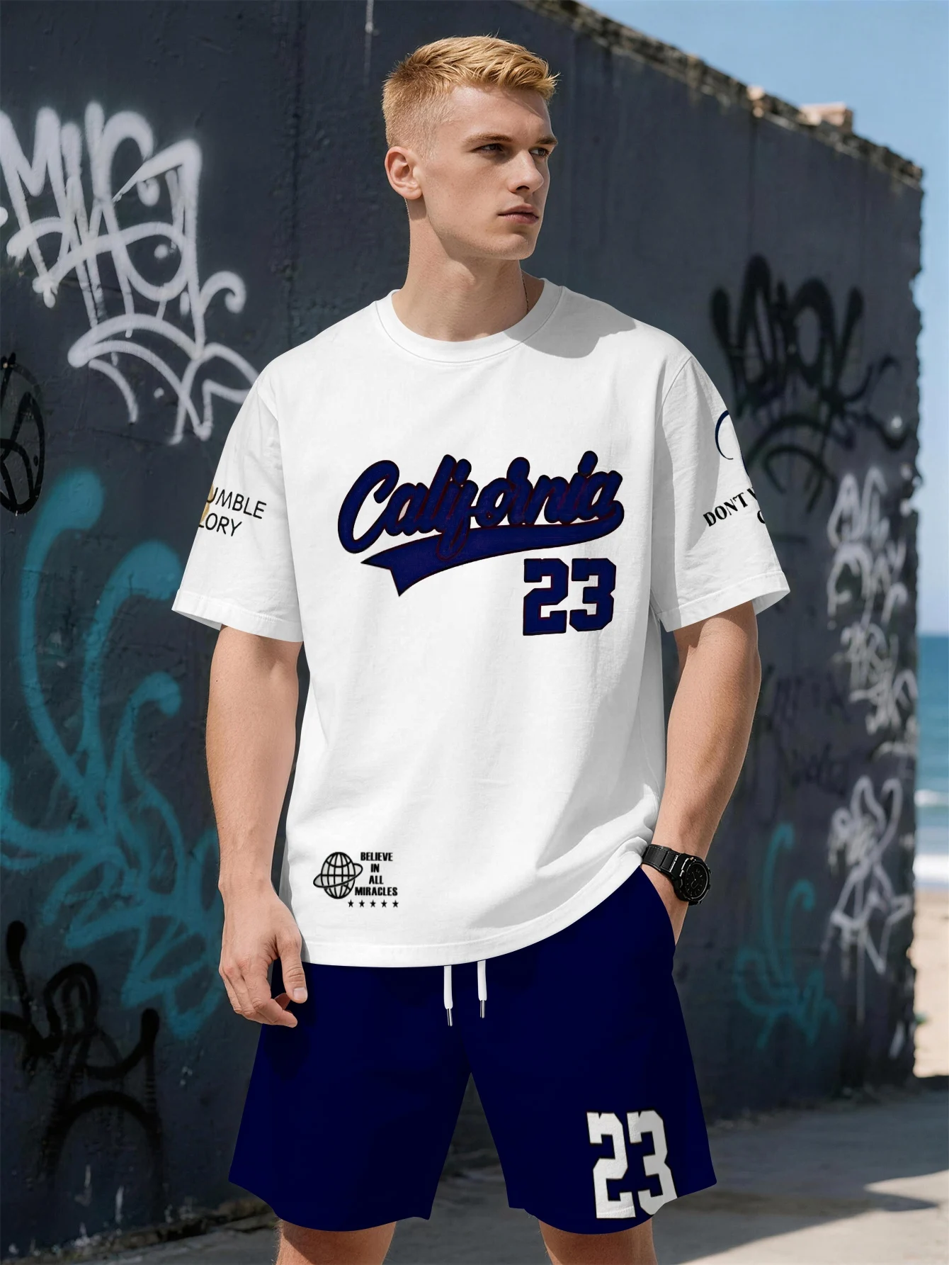 

2026 Summer New Men's Short Sleeve Set 3D Letter Pattern Printed Street Casual Fashion Comfortable and Soft