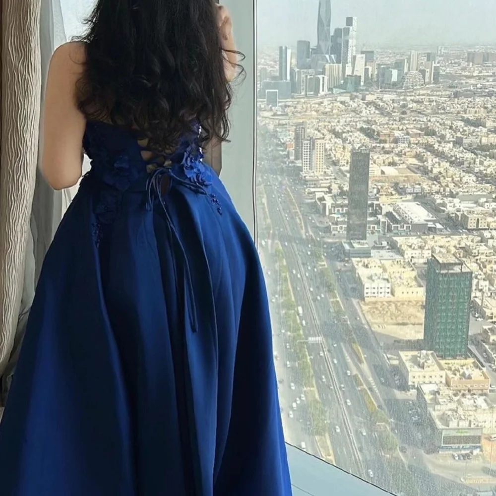 A-Line Sweetheart Jersey Sleeveless Blue Formal and Temperament Evening Dresses Appliques Beading Lace Up Back Saudi Arabia 2024