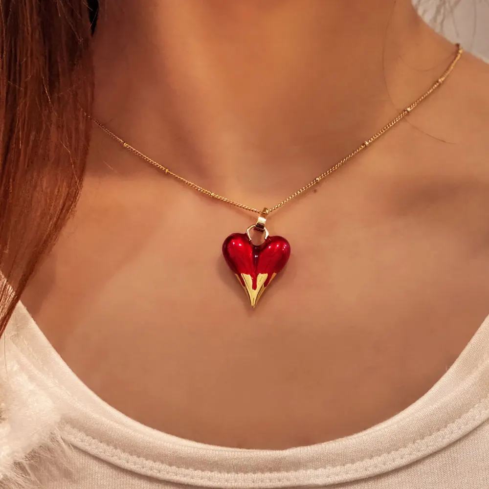 2026 Creactive Design Red Color Enamel 3D Big Love Heart Pendant Necklace，for Women Valentine's Day Gift Jewelry