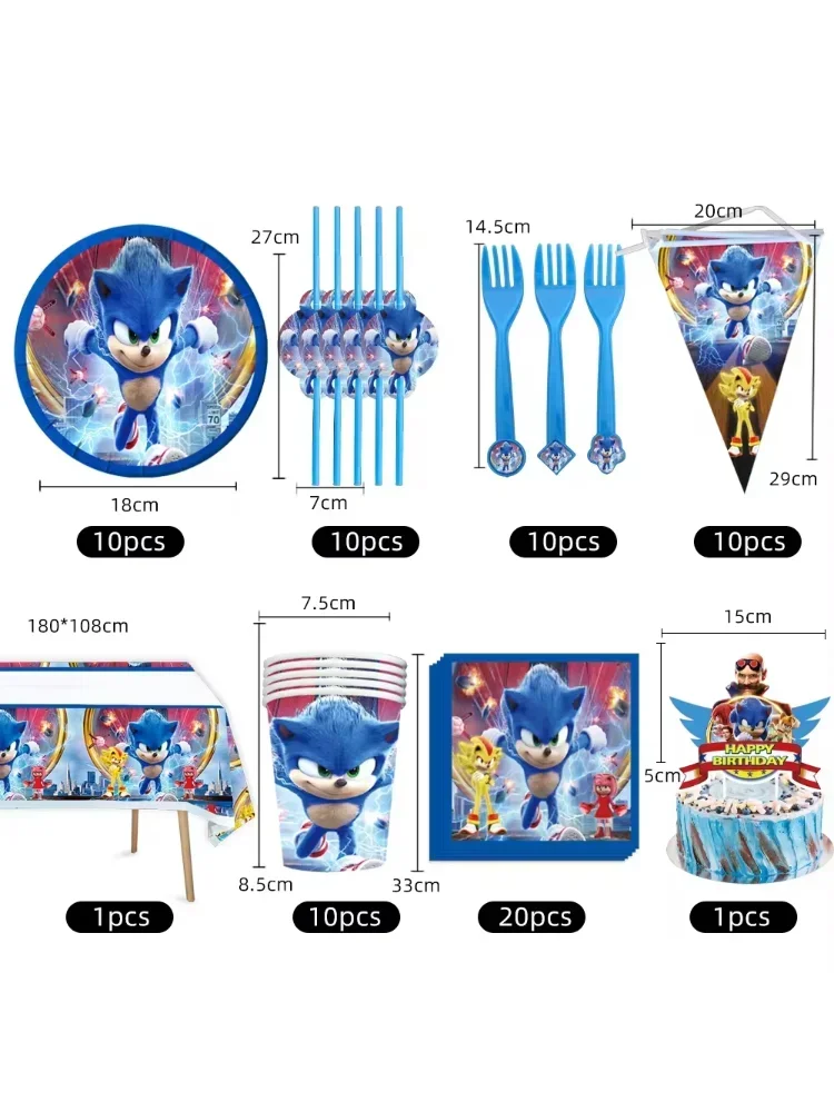 Game Blue Sonic Thema Feestartikelen Set Jongen Verjaardagsfeestje Wegwerp Bestek Papieren Bord Cup Servet Baby Douche Decoratie - afbeelding 2