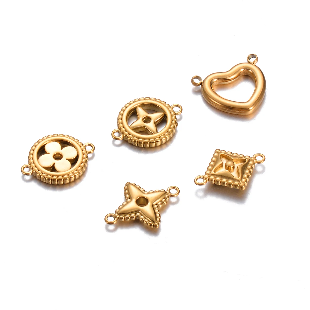 10pcs Vintage Double Hole Stainless Steel Accessories Gold Plated Heart Flower Star Pendant for DIY Necklace Bracelet Jewelry