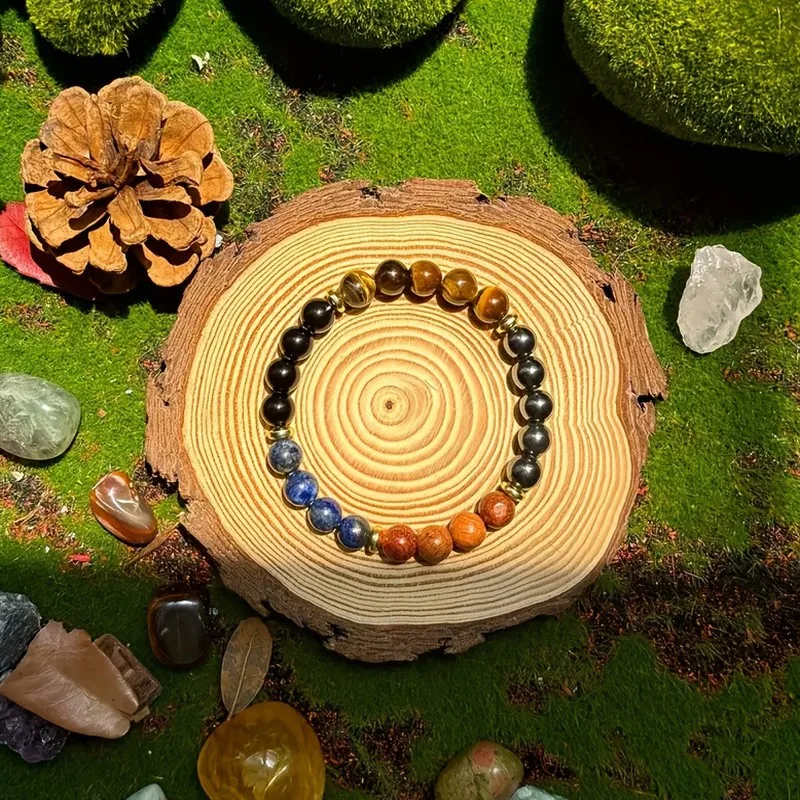 Tiger Eye Hematite Lapis Lazuli Beaded Bracelet for Men Power Protection Healing Crystal Jewelry Gift
