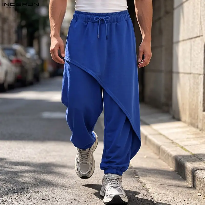 INCERUN Men's Irregular Pants Solid Color Drawstring Joggers Trousers For Man Streetwear 2026 Workout Fashion Casual Male Pants