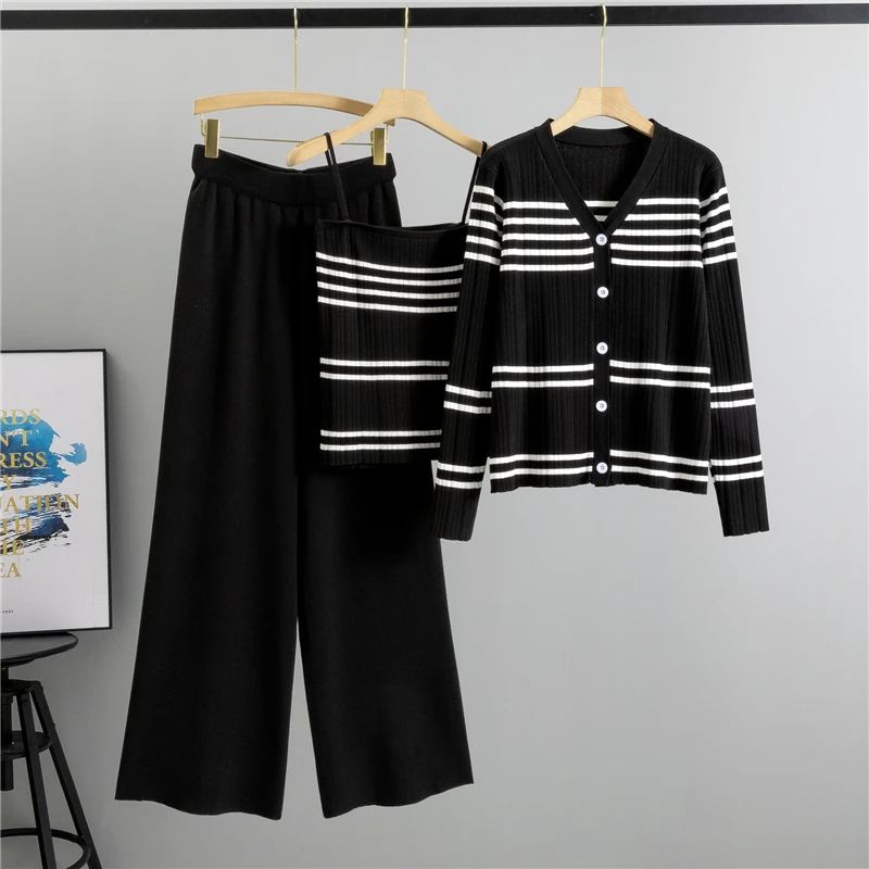 2024 Autumn New Ins Women Long Sleeve  Stripe Cardigan Sweater  Vest Knitwear And Wide Leg Pants Knitting Three-Piece Set ﻿