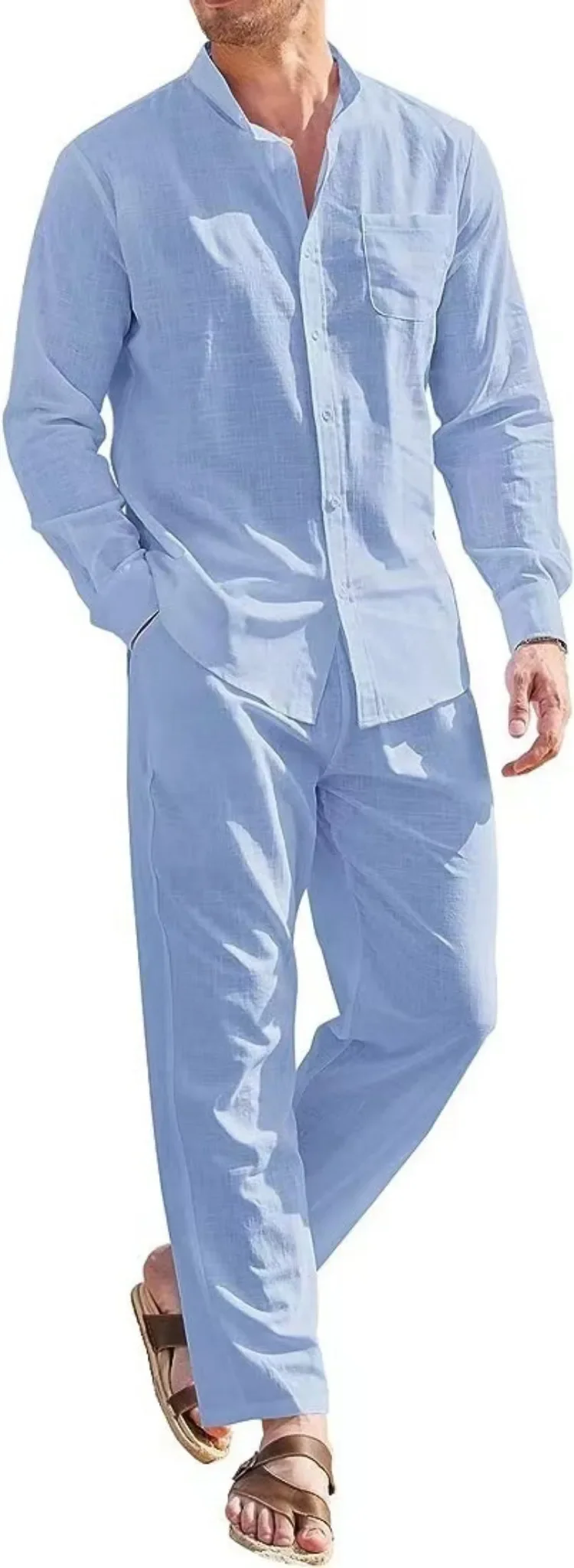 Men's tempered linen long sleeve shirts, casual beachwear, sky blue, white, black, men's workwear, men's outfit sets, 2 pieces