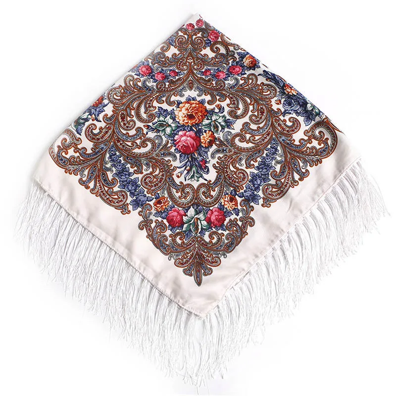 Russian Style Square Scarf Women Floral Print Bandana Shawl Ethnic Fringed Ukrainian Shawl Babushka Handkerchief Lady Pashmina