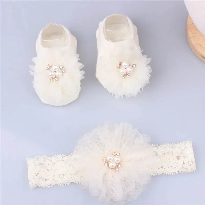 Lovely Pearl Bows Baby Headband Socks Set Non Slip Cotton Sock Lace Flower Newborn Hair Band Turban Girl Hair Accessories