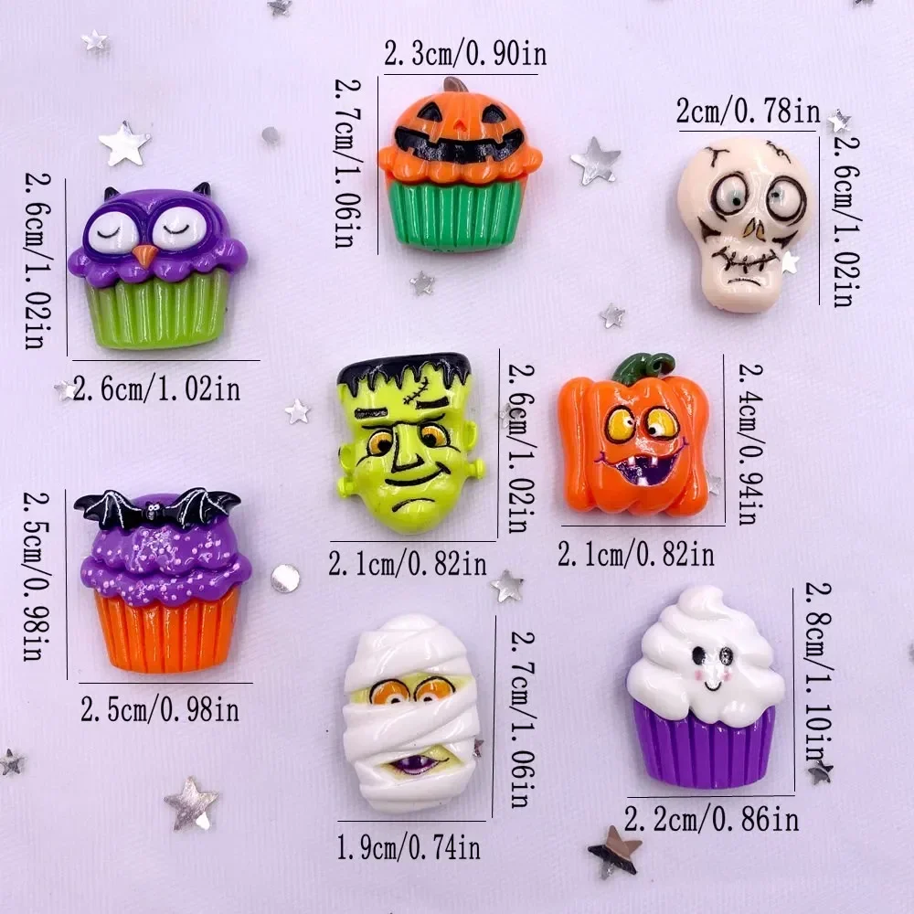 8Pcs Resin Cute Colorful 3D Ghosts Bat Cake Pumpkin Owl Skull Head Figurines Flatback Stone Decor DIY Halloween Scrapbook Crafts