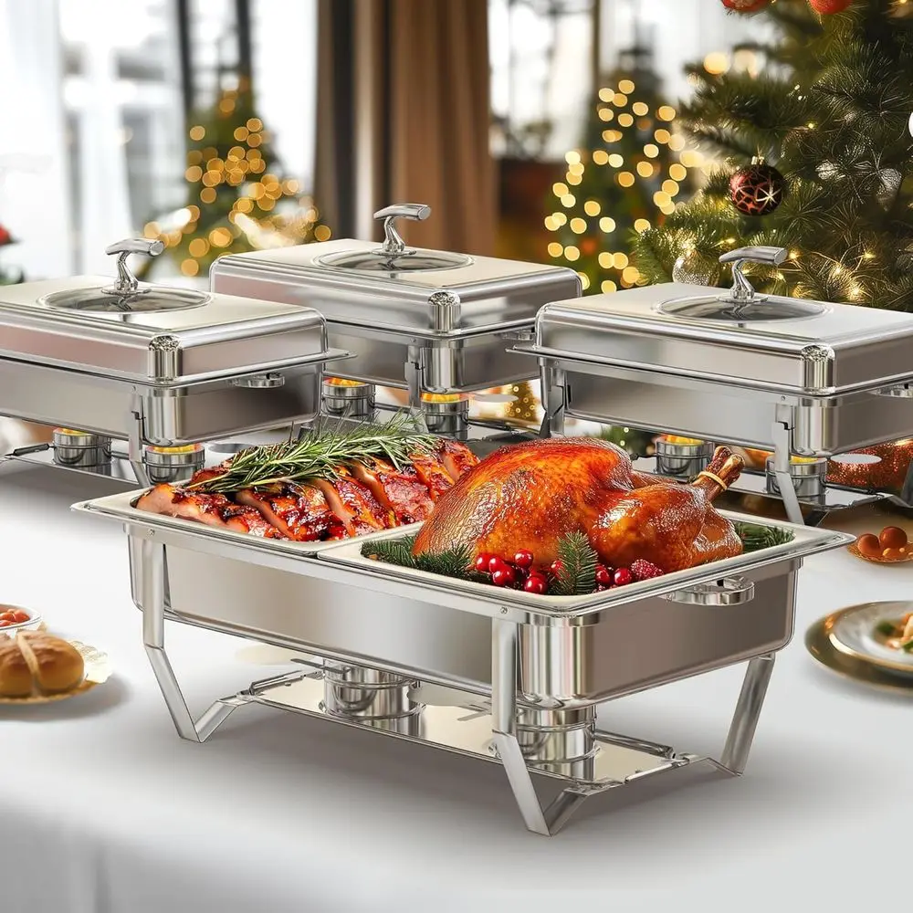 

Stainless Steel Buffet Warmers, 4-Pack Rectangular Chafing Dishes with Glass Lids, 9QT Capacity, Foldable and Mirror-Polished fo