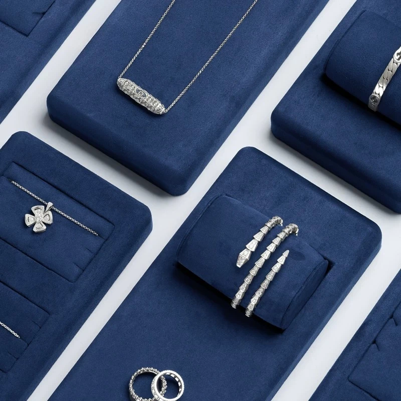 Blue Microfiber Jewelry Display Tray, Stand for Ring Necklace Bracelet Watch, Counter Showcase Organizer & Store Prop