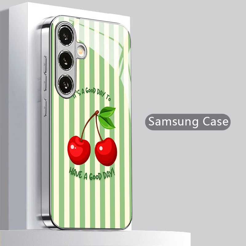 Cherry Stripe Pattern 2D Phone Case for Samsung S26 S25 S24 S23 S22 S21 S20 A56 A36 A16 - Electroplated Glass Protective Cover view 2