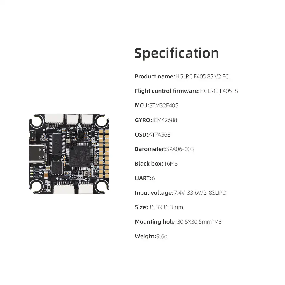 HGLRC F405 8S V2 Flight Controller, F405 ICM42688 Gyro 2-8S LiPo Plug-and-Play FPV FC with Built-in Barometer & 16MB Blackbox