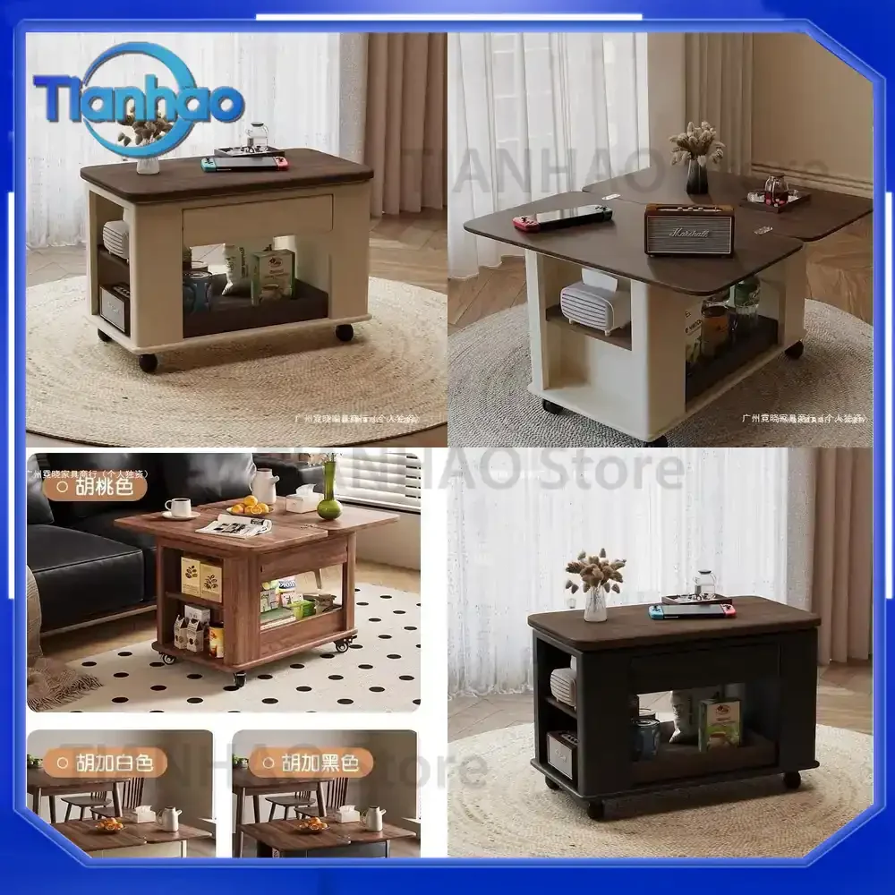 Foldable Mobile Solid Wood Side Table for Small Spaces Vintage Style Balcony Multi Functional Tea Table and Storage Corner