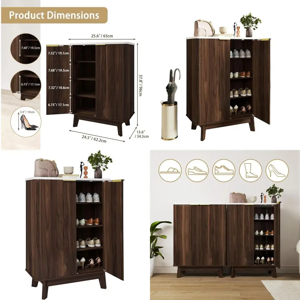 Walnut Modern Entryway Shoe Cabinet with Adjustable Shelves and Marble Panel for Living Room Storage