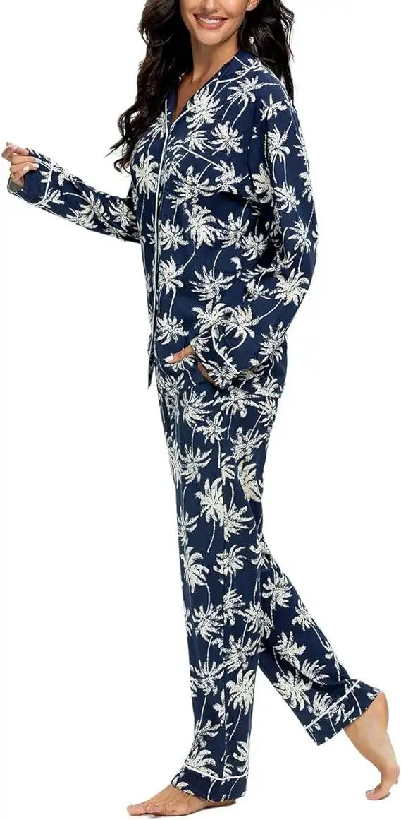 Comfortable Skin-Friendly Custom All Over Printed Long Sleeve Cotton Pajamas For Women Set