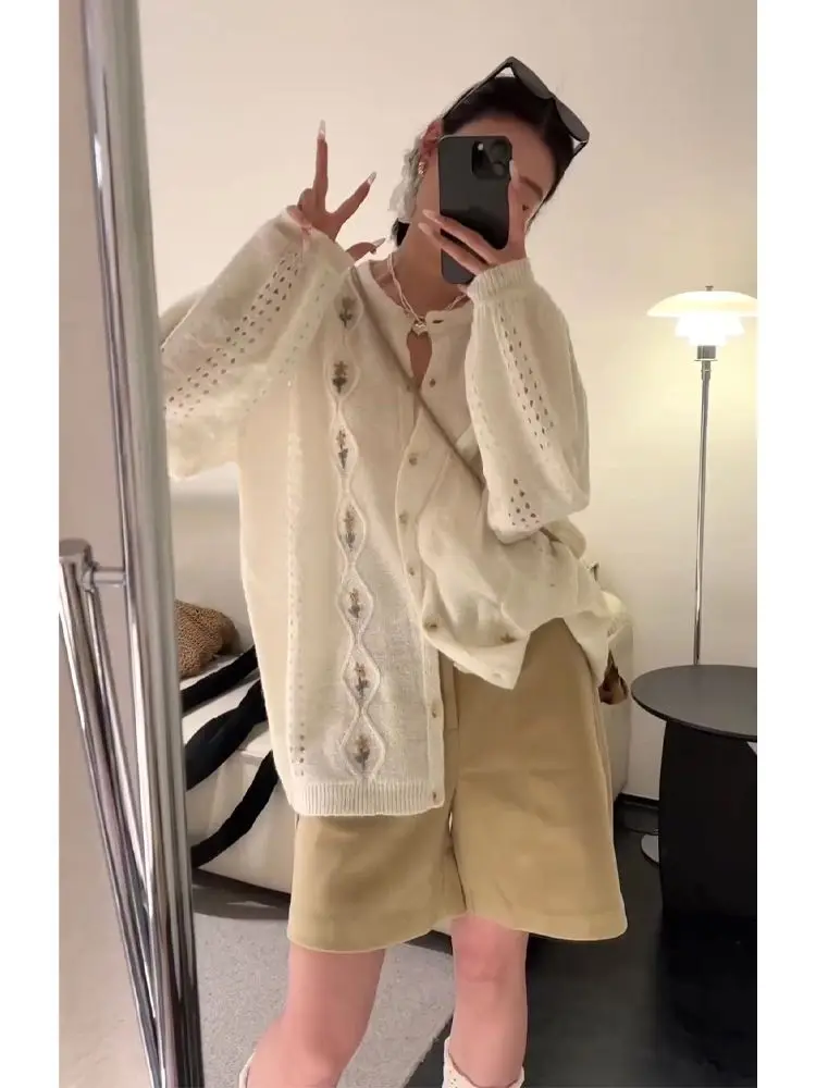 Retro Wool Sweater Loose Japanese Crochet Knitted Sweater Autumn New Temperament Sweater Medium and Long Cardigan Jacket