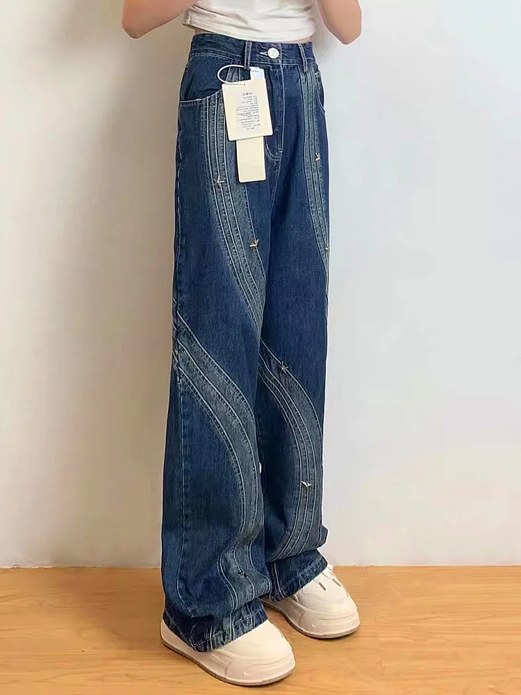 2023 Y2K Fashion Star Embroidered Flares Baggy Stacked Jeans Pants For Women Clothes Wide Leg Hip Hop Luxury Lady Denim Trousers