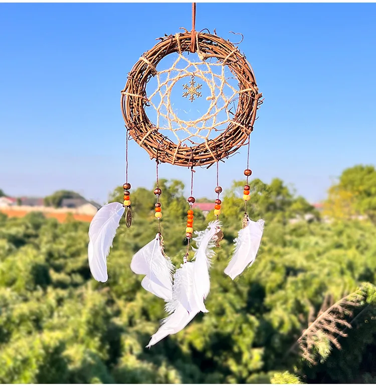Natural Rattan Dreamcatcher, Handmade Boho Wall Hanging with Feathers & Beads, 43cm, for Bedroom Home Decor & Gift