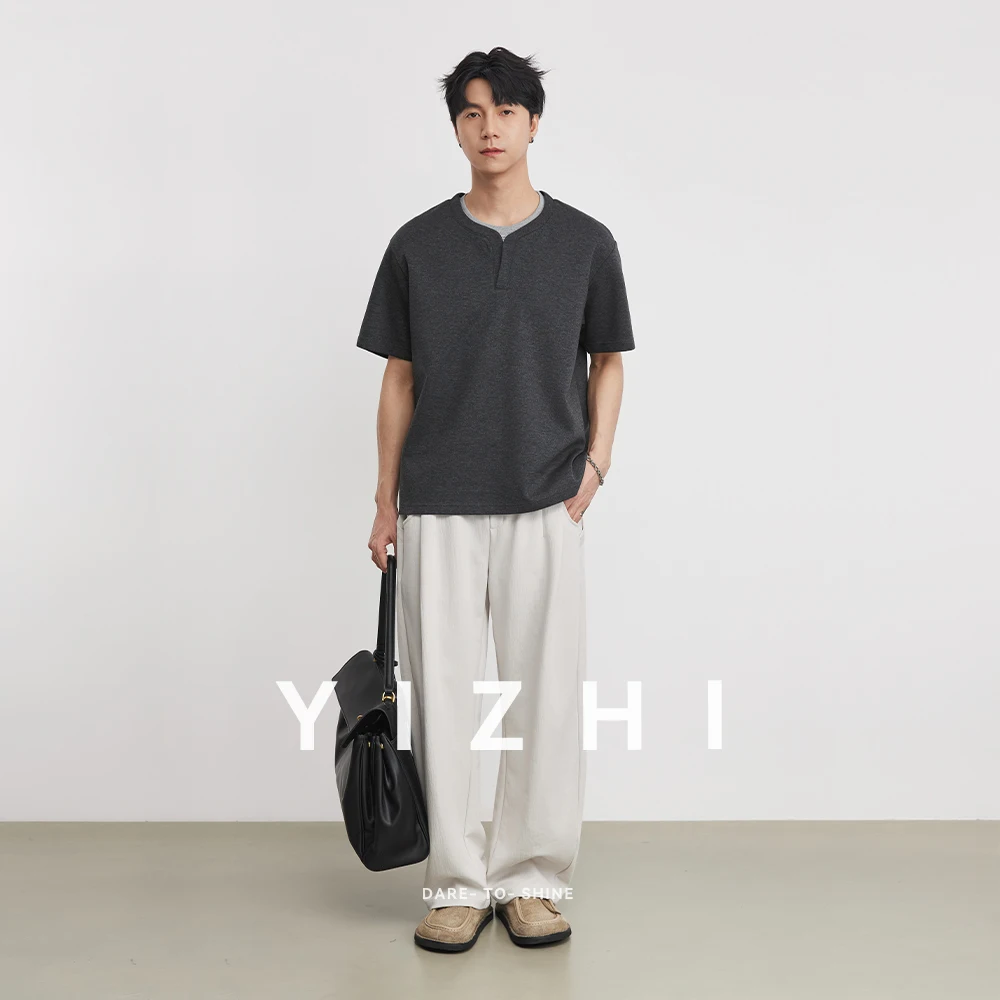 Men's 260g Heavyweight Fake Two-Piece Crew Neck Short Sleeve T-Shirt 2026 Summer Casual Drop Shoulder Henley Neck Versatile Tops