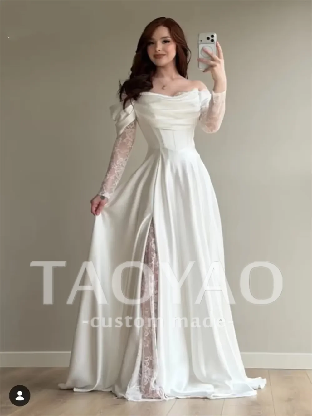 Customizd White Off shoulder Lace Long Sleeve Satin A‑line Evening dress Prom dress High Side Split Satin Dreamy Gala gowns