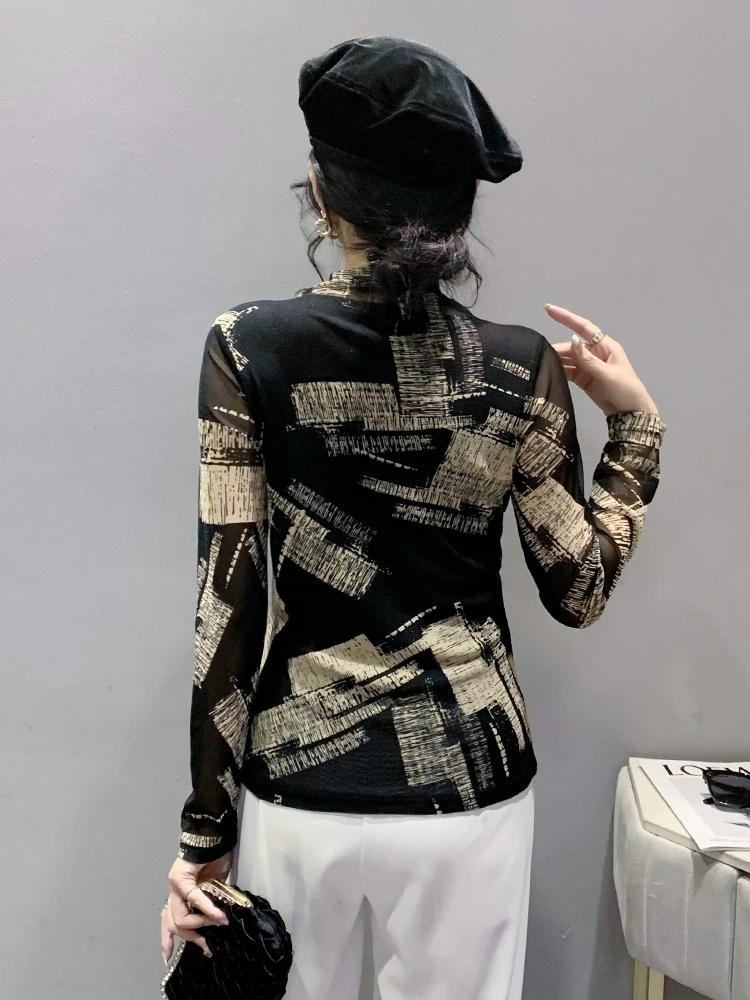 Damska bluzka z półgolfem, długa, z wycięciami, zdobiona diamentami, seksowna, obcisła bielizna, modna.