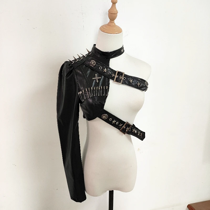 European American Punk Leather Rivet Single Shoulder Sleeve Women's Coat Original Sexy Bead Chain Off-Shoulder Tube Top Ladies