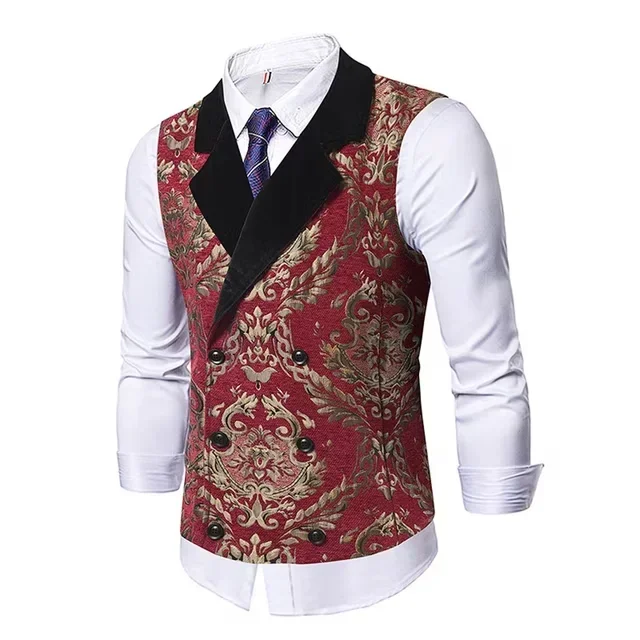 Men Vintage Gothic Victorian Jacquard Waistcoat, Double Breasted Floral Pattern Vest for Wedding Party Cosplay & Daily Wear