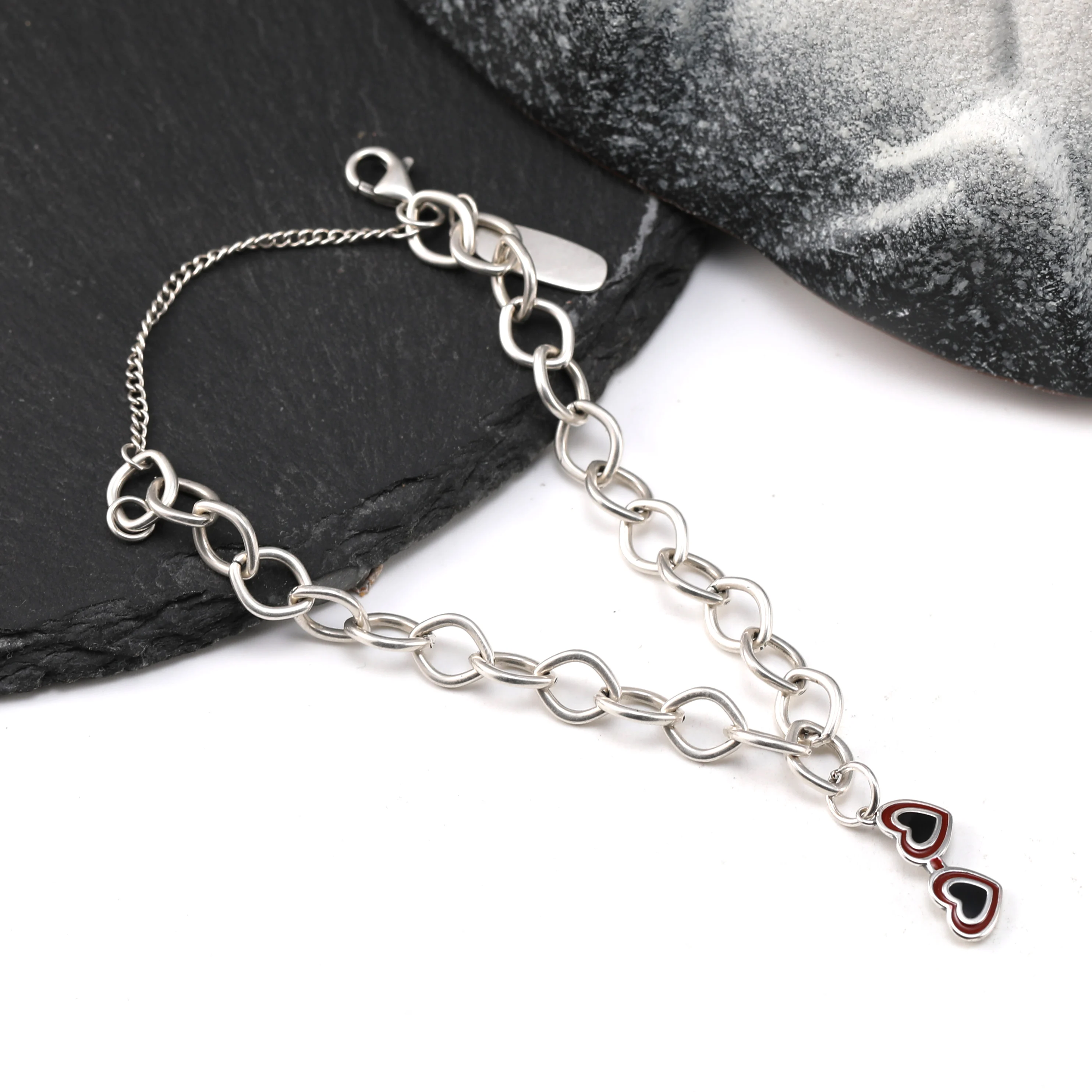 

Genuine 925 sterling silver Forged Link Charm Bracelet paired with Enamel heart-shaped sunglasses pendant