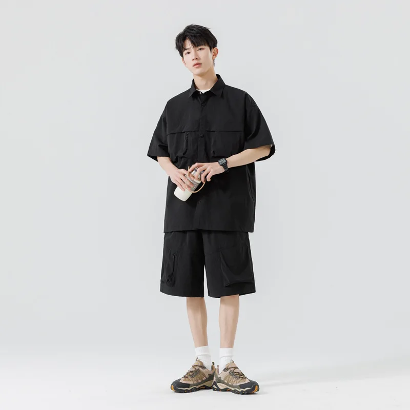 M-5XL Summer Men's Shirt Set Casual Suit Cargo Short Sleeved Shirts Shorts Male Breathable Loose High Street Multiple Pockets