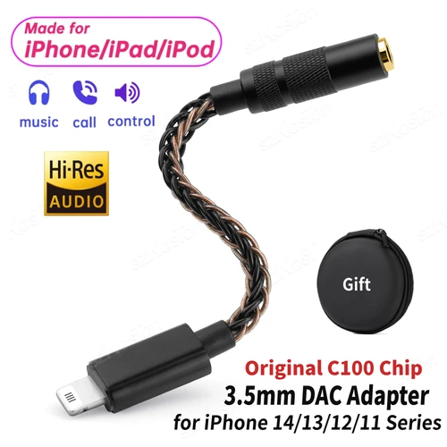 Imagen 1 del producto Cable adaptador de Audio HiFi para amplificador de auriculares Lightning a 3,5mm, decodificador de Audio DAC con Chip C100 Original para iPhone 14/13/12/11