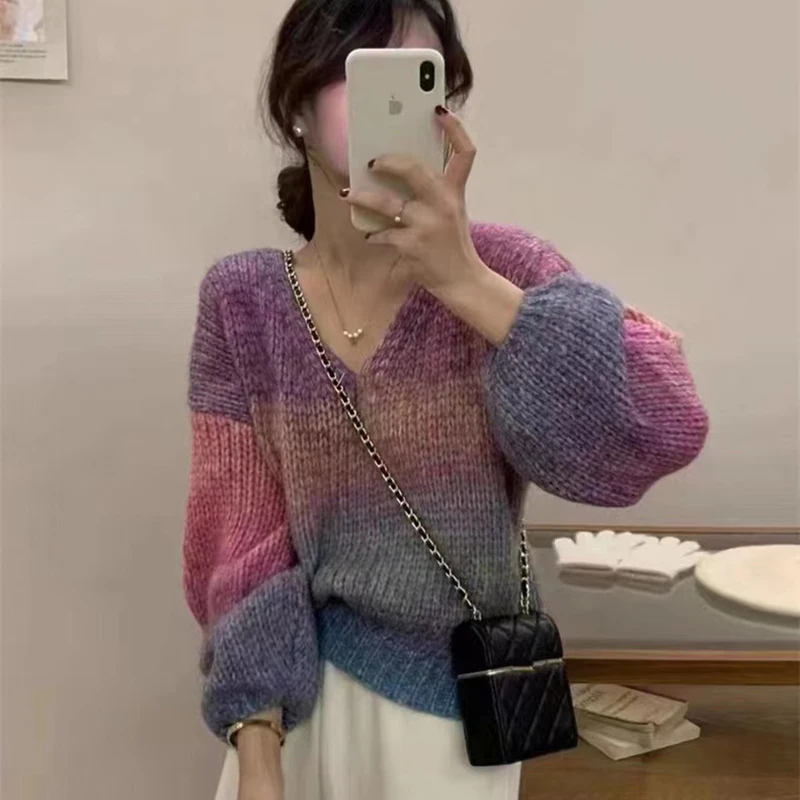 

Women V Neck Gradient Knitting Sweater Korean Fashion Long Sleeve Loose Knitwear Female Spring Autumn Sweet Pullover Jumpers New