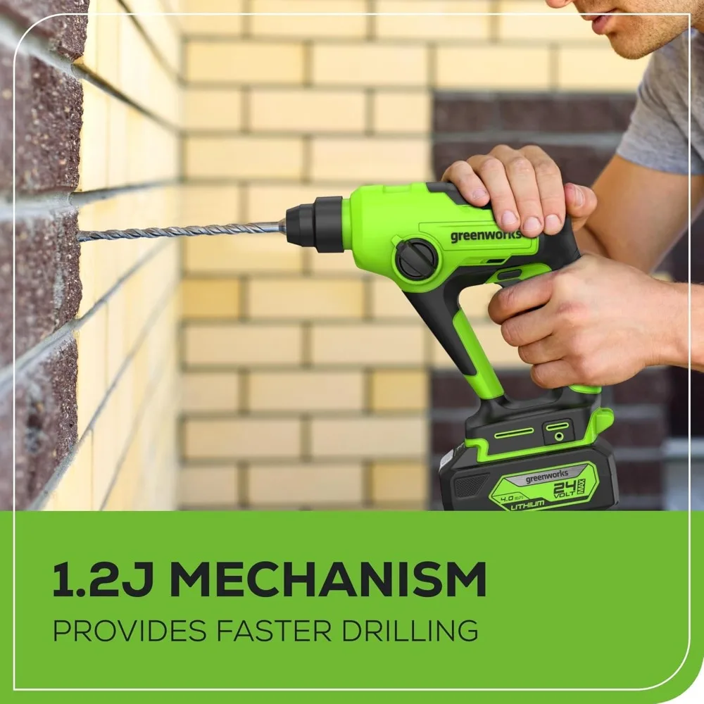 Сверхмощная бесщеточная перфораторная дрель SDS 24 В, удар 1,2 Дж, 1 дюйм для бетона, 2 режима переменной скорости, долговечный Durabili