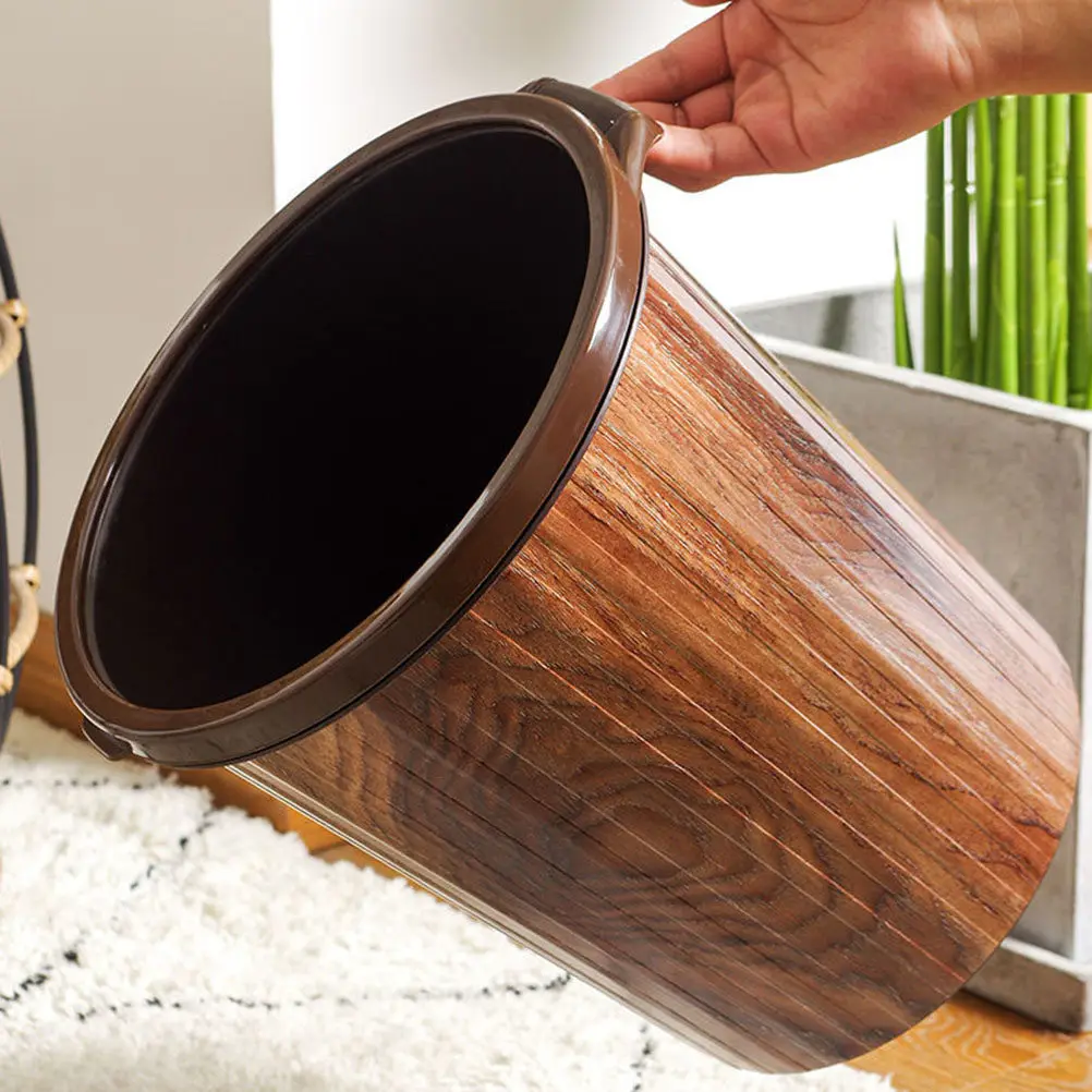 Premium PP Plastic Trash Can Imitation Wood Grain Elegant Minimalist Design Humanized Pressure Ring for Kitchen Bedroom Living