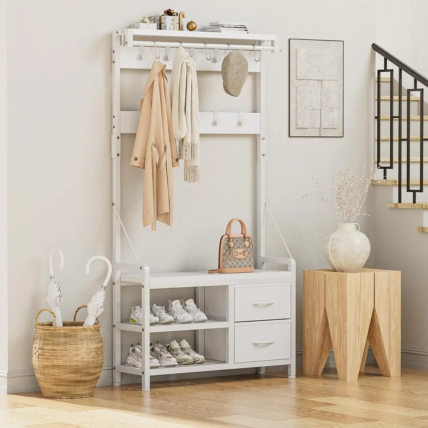 Hall Tree, 31.5” Entryway Bench with Coat Rack freestanding, 5 in 1 Intelligent Design Shoe Bench and Wall Rack 17 Hooks