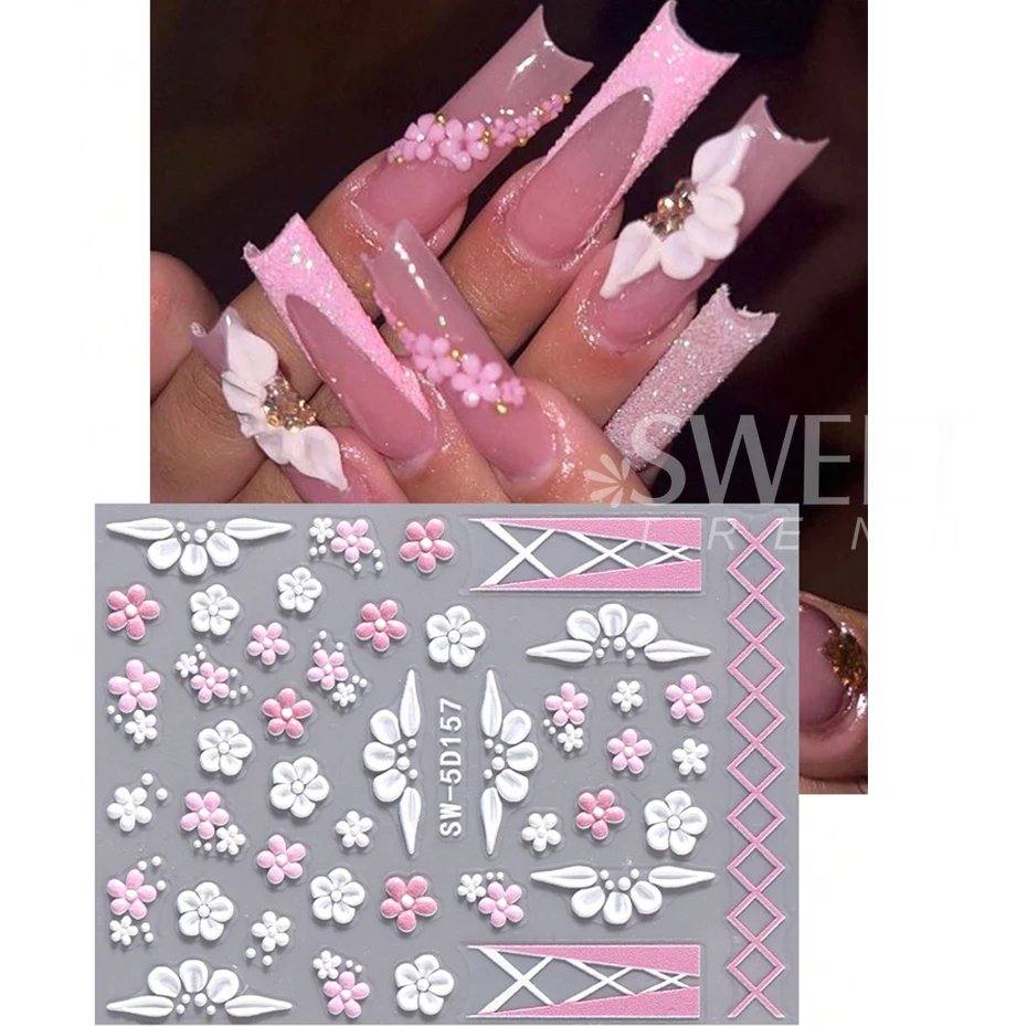 5D โบว์แกะสลักดอกไม้สติกเกอร์เล็บ 2pcs อะคริลิคนูนสีขาวหัวใจสีชมพู Star ดอกไม้ภาษาฝรั่งเศสคําเล็บเจลรูปลอก Slider