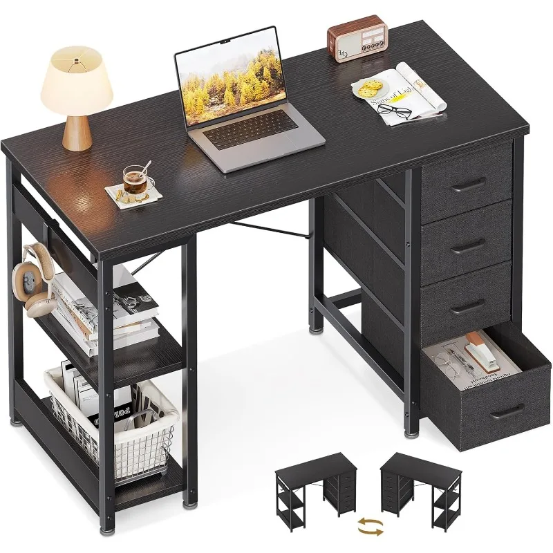

40 Inch Small Computer Desk with 4 Fabric Drawers, Modern Office Desk for Home Office Gaming with Storage Shelves Study