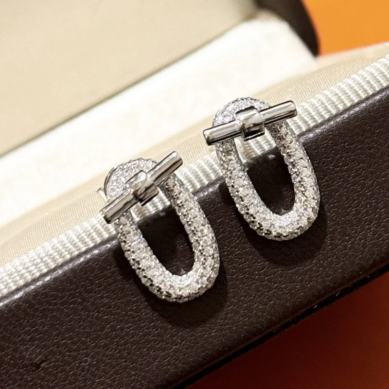 

New Arrivals Trend Pure 925 Sterling Silver Stud Earrings Link Cross Bar Pave Zircon Women Luxury Brand Event Jewelry Accessory