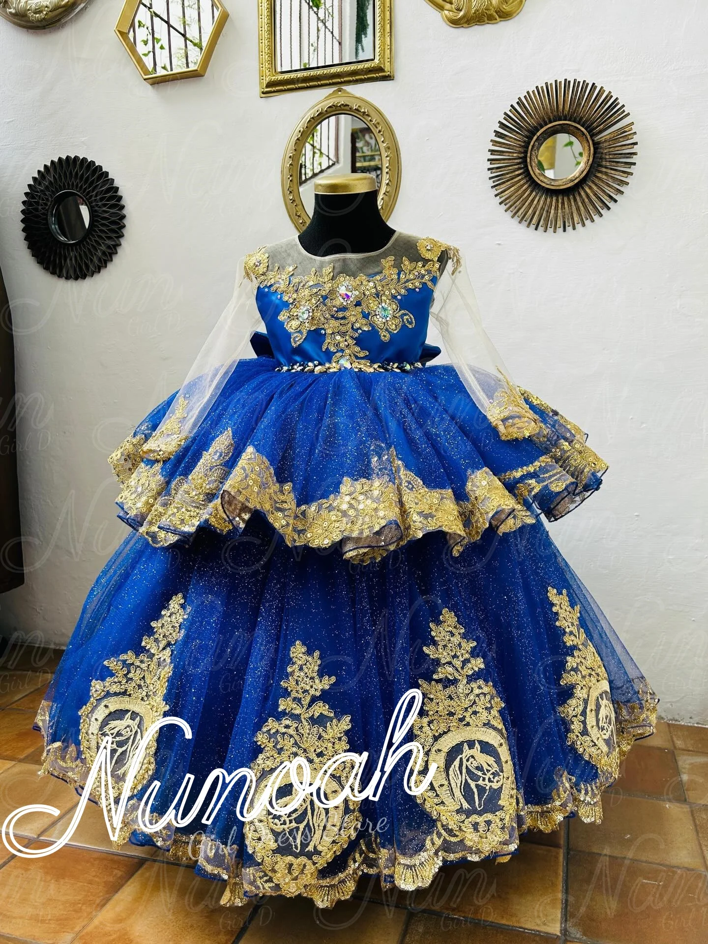 

Royal Blue Flower Girl Dress For Wedding Lace Applique Girl Birthday Party with Bow Floor Length First Communion Gown Customized